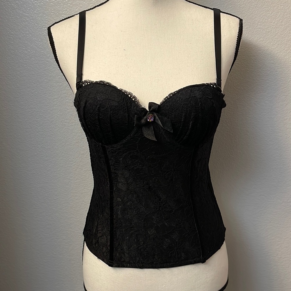 Black lace bustier with velvet trimming and mesh back